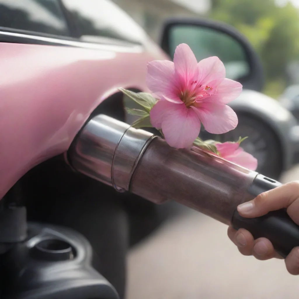 ai a hand inserts a pink flower into the exhaust pipe of a car confident engaging wow artstation art 3 wide