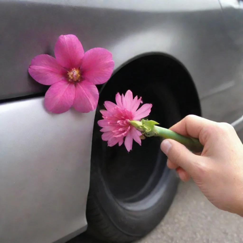 a hand inserts a pink flower into the exhaust pipe of a car good looking trending fantastic 1 wide