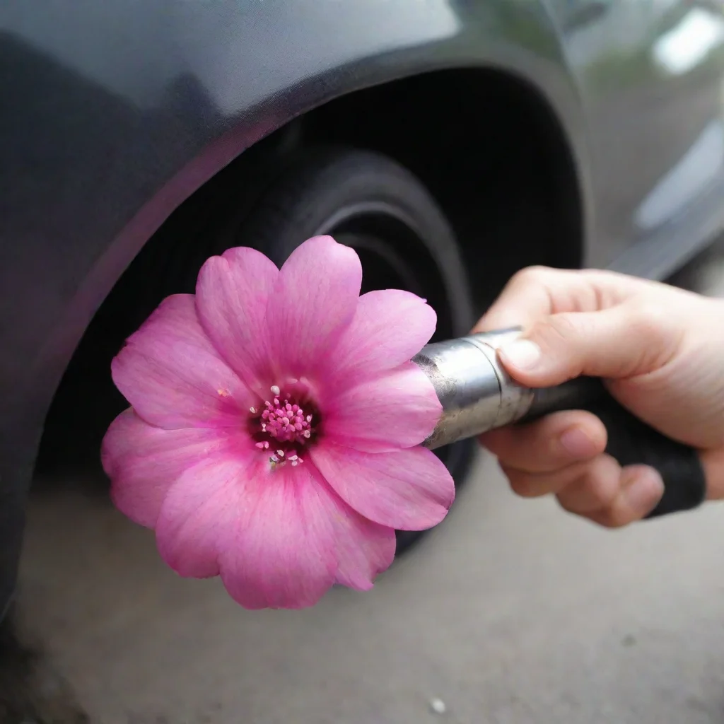  a hand inserts a pink flower into the exhaust pipe of a car wide