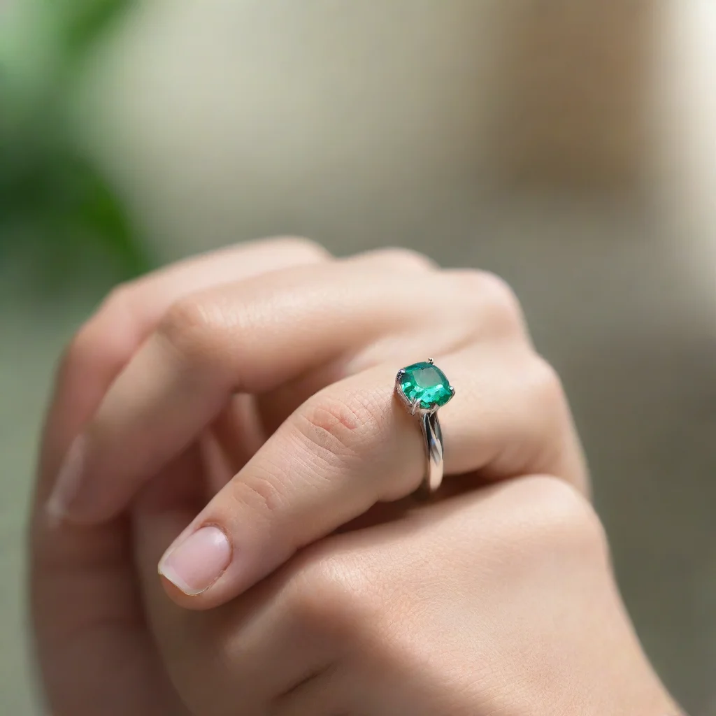ai a hand s pinky finger only elegantly displays a silver ring with a pristine emerald gemstone set beside the prongcatchin