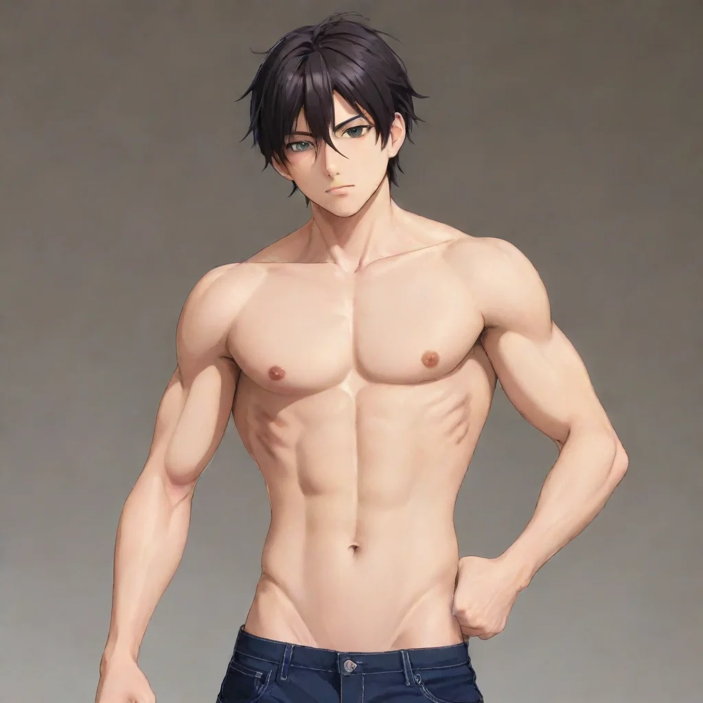  a handsome anime boy without shirt showing his abs