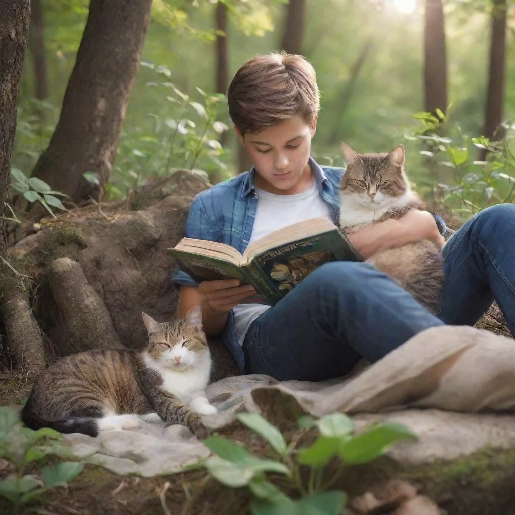 ai a handsome boy reading a book in nature with a cat sleeping next to him good looking trending fantastic 1