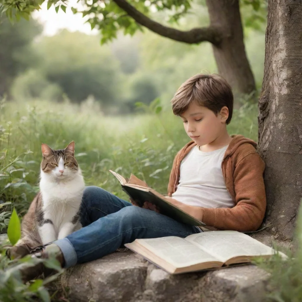 ai a handsome boy reading a book in nature with a cat sleeping next to him