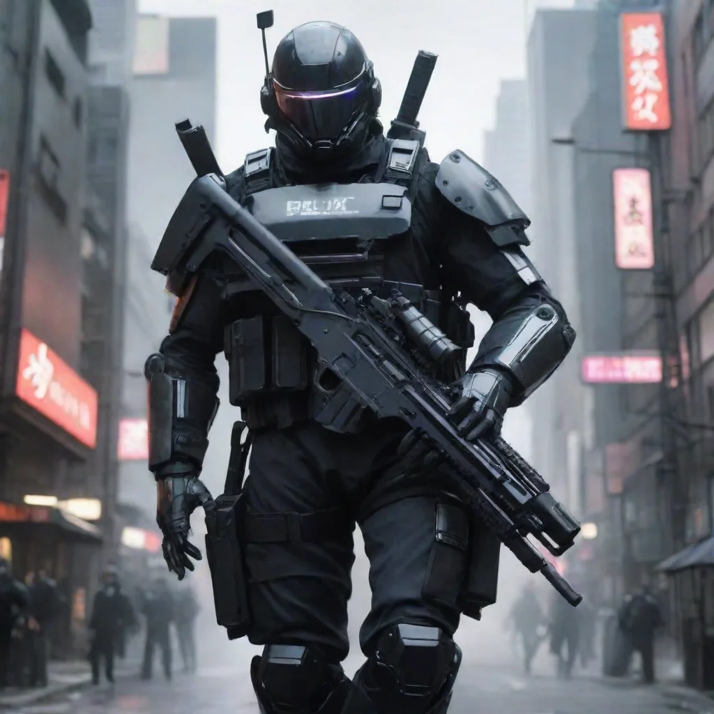  a high fidelity sci fi police carrying a long carbine covered in black battle suit in a highly technologically tokyo cit