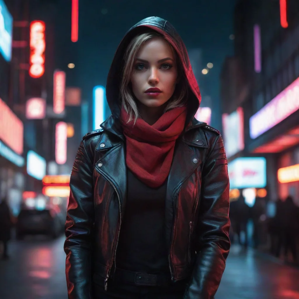  a high resolution image of evea rebel hackerstanding in a darkfuturistic cityscapeilluminated by neon lightsshe is weari