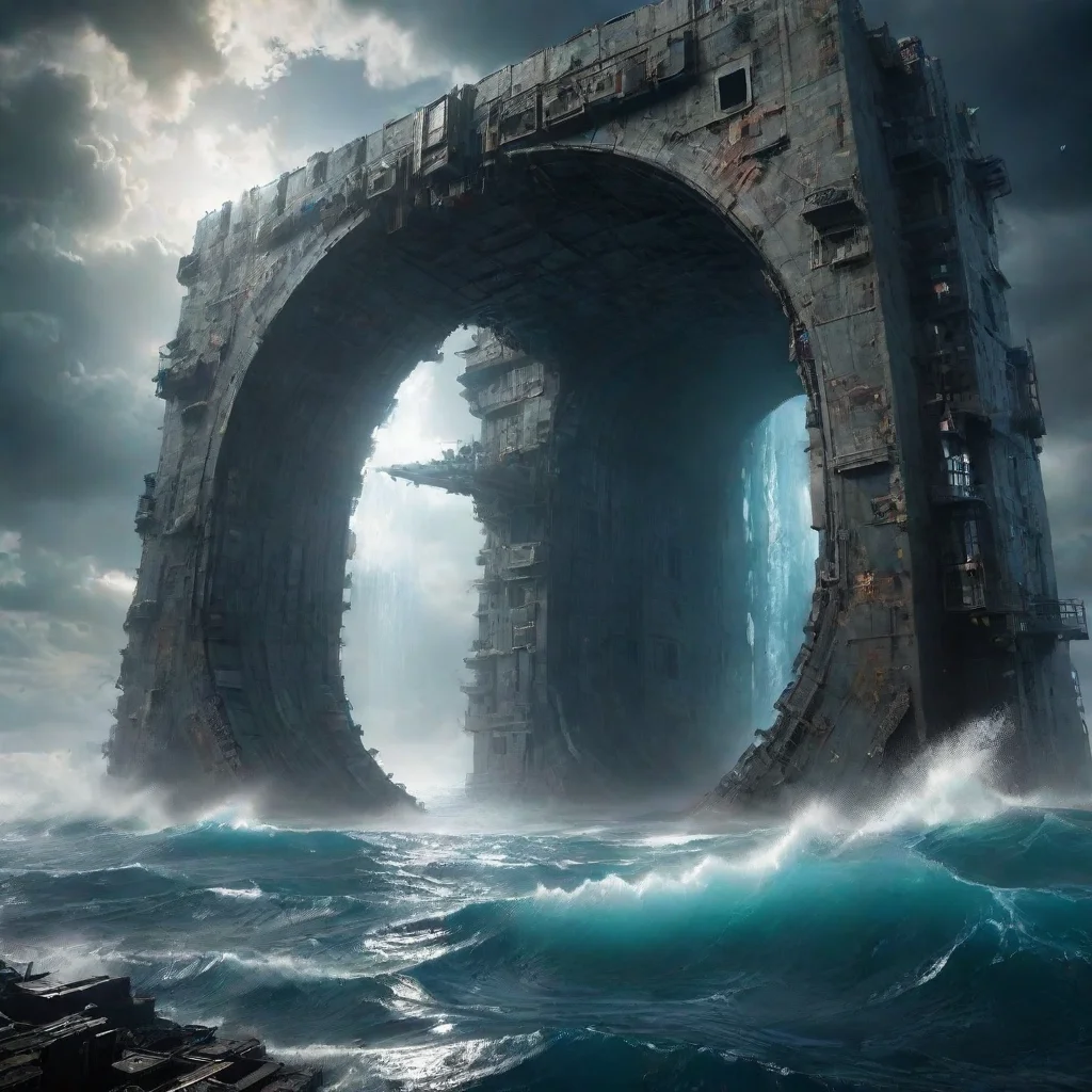 a huge portal opening up another dimension with water and ocean a huge demaged abandoned space battleship connecting wit