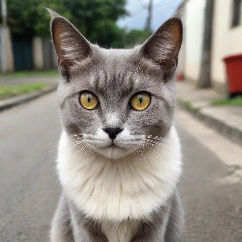  a imagen de um gato que tem o pelo da cor do arcorisele esta brincando na cal ado de uma rua em volta de pr dios e casas