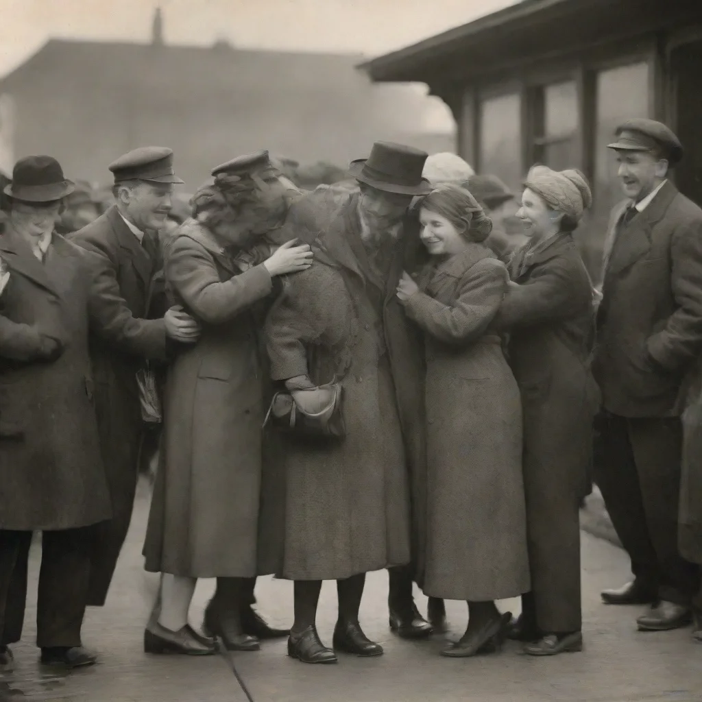  a joyful reunion at a train station in the early 20th centurywith a family bringing home a loved one from a long journey