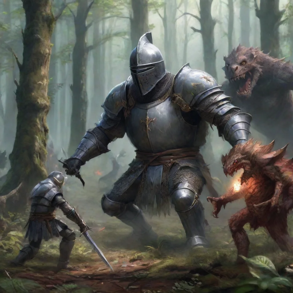  a knight fighting monsters in the forest