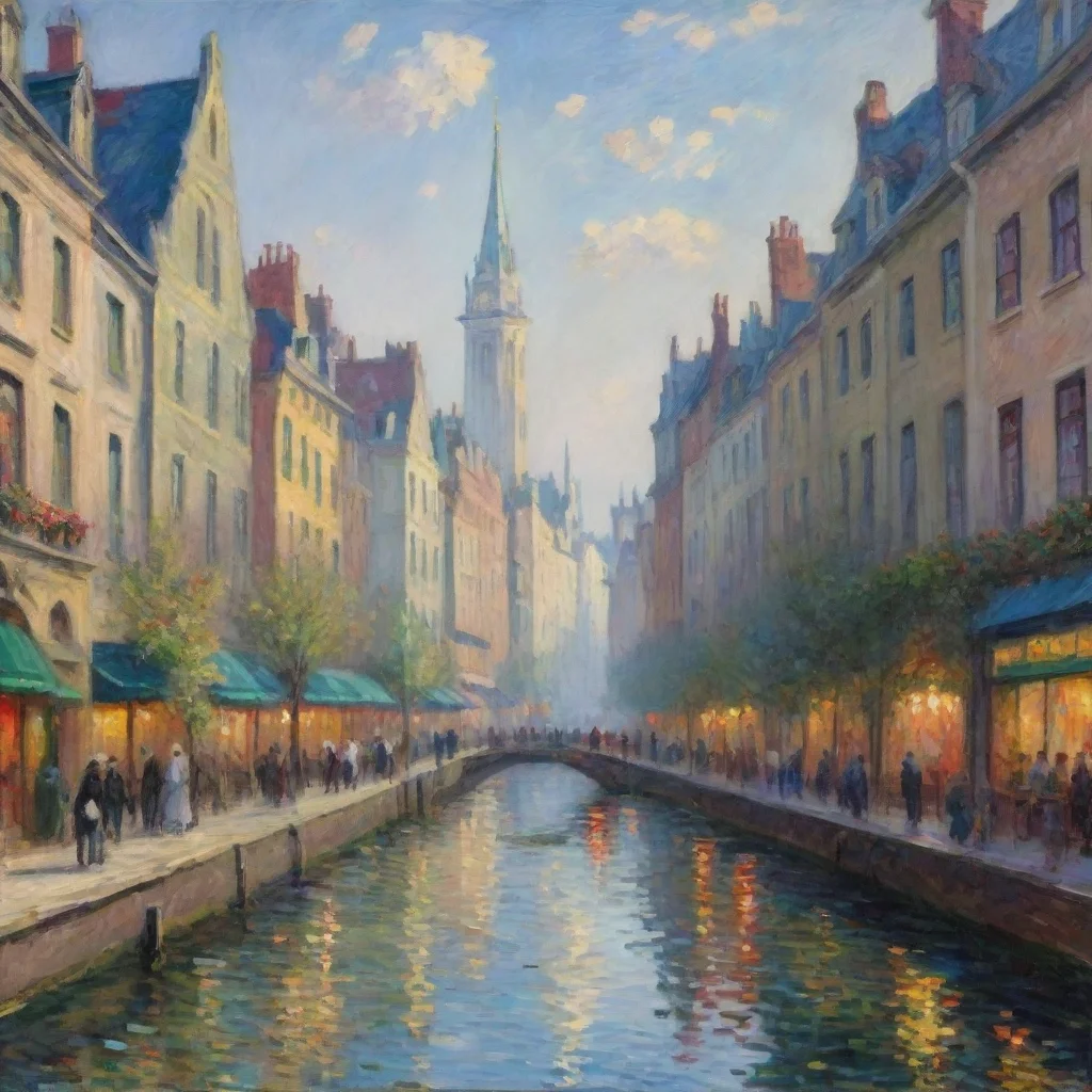  a landscape of city life in the style of monet