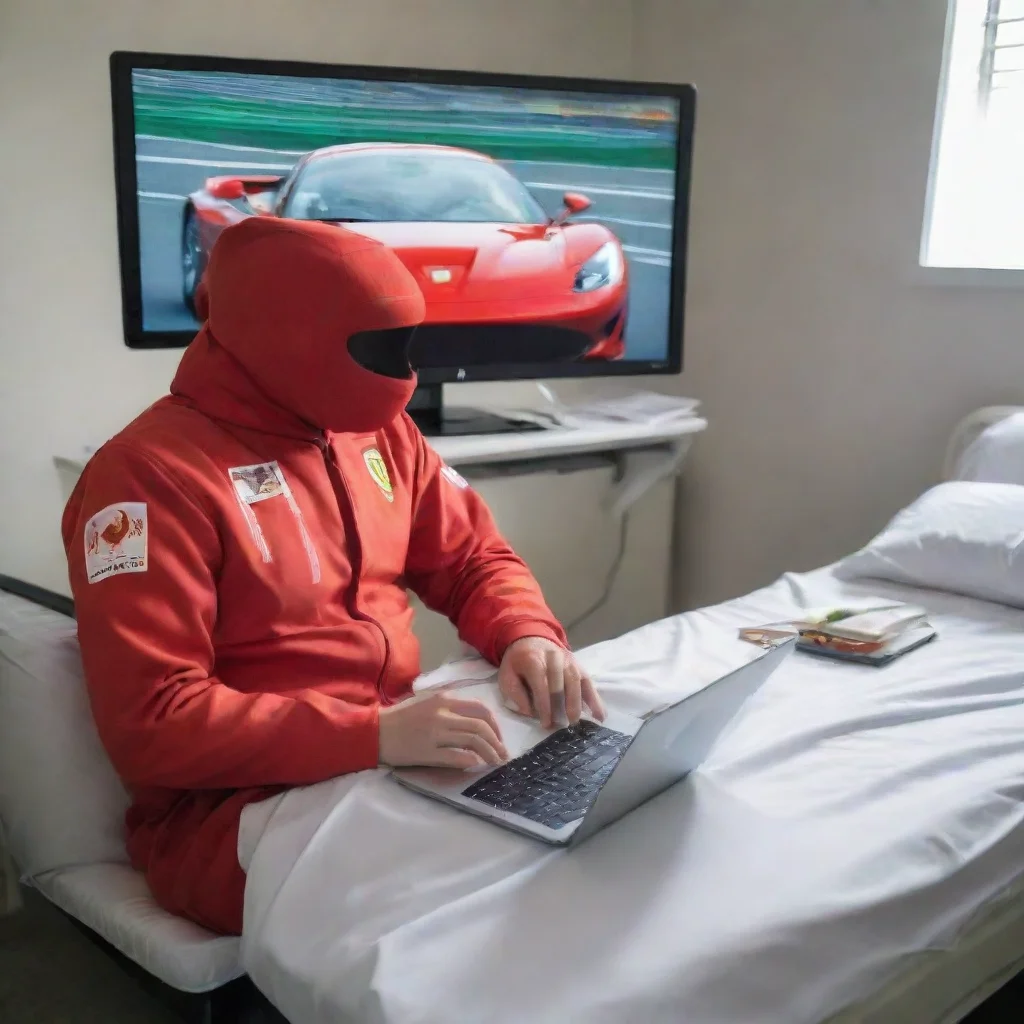  a laptop with an excel spreadsheet in a hospital bed in a ferrari suit watching the formula 1 on tv