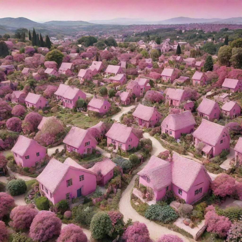  a large pink village with much plants and trees 