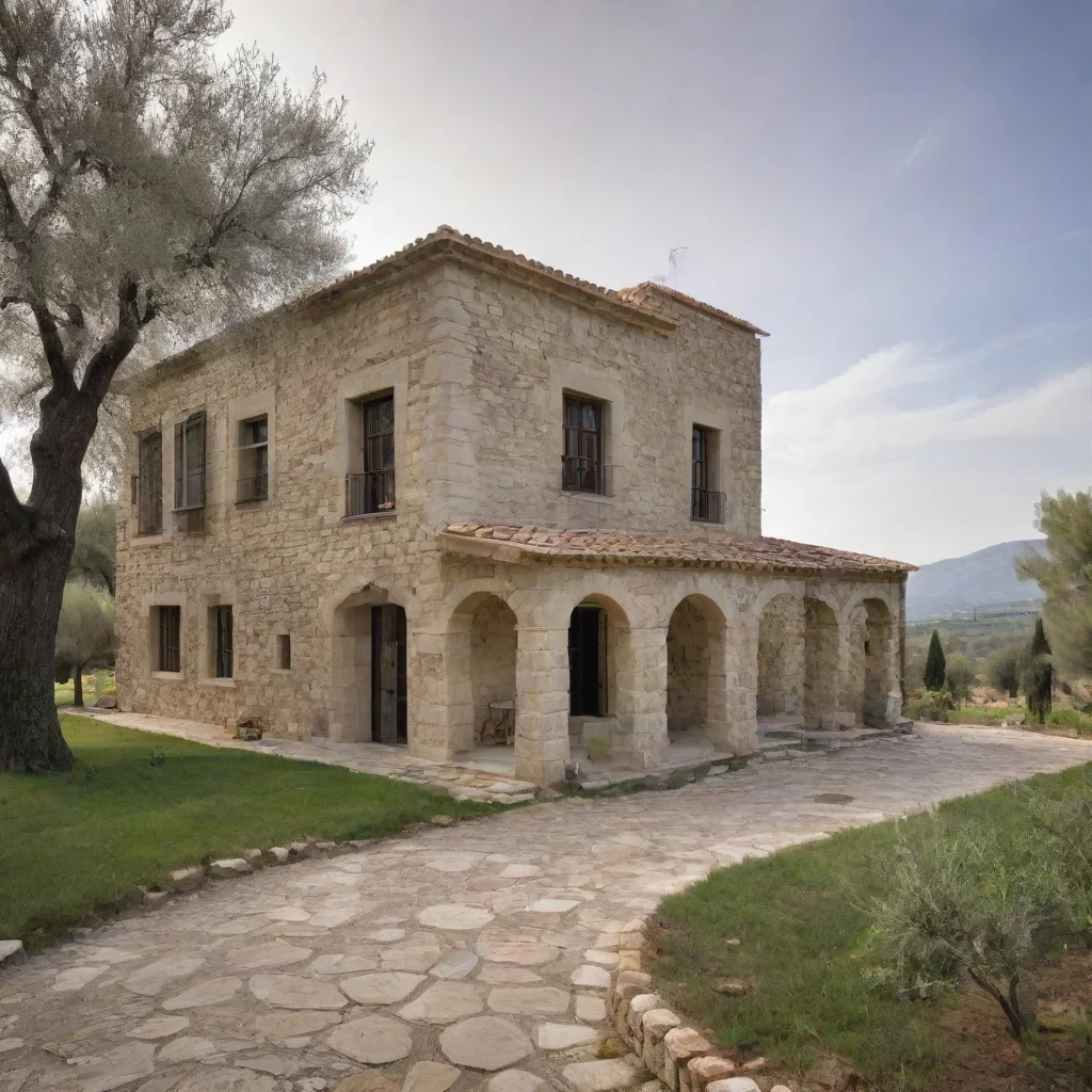 a large two storey stone villa in an olive grove