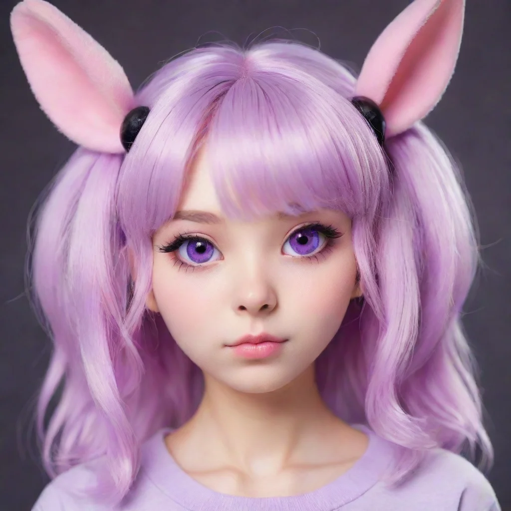  a light purple rabbit like tamagotchi with black insides in her earspink eyesand two light purple hair tufts amazing awe