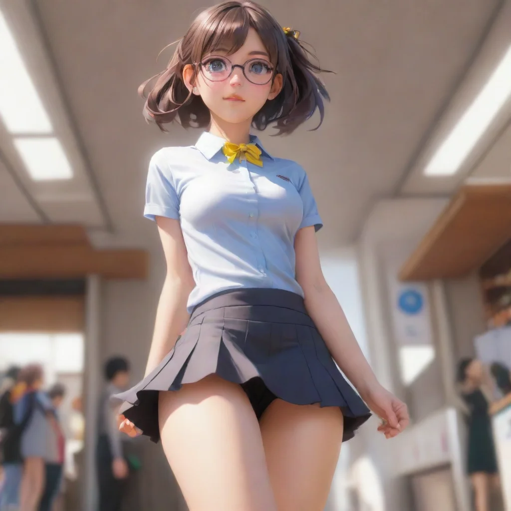 ai a low camera view looking up the skirt of an adorable nerdy anime woman in an extremely short miniskirt confident engagi