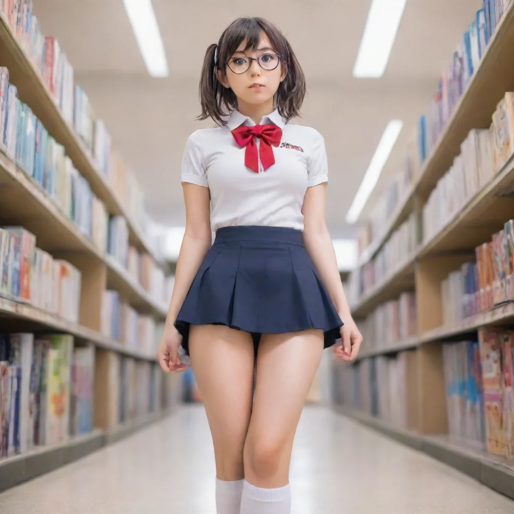 ai a low camera view looking up the skirt of an adorable nerdy anime woman in an extremely short miniskirt