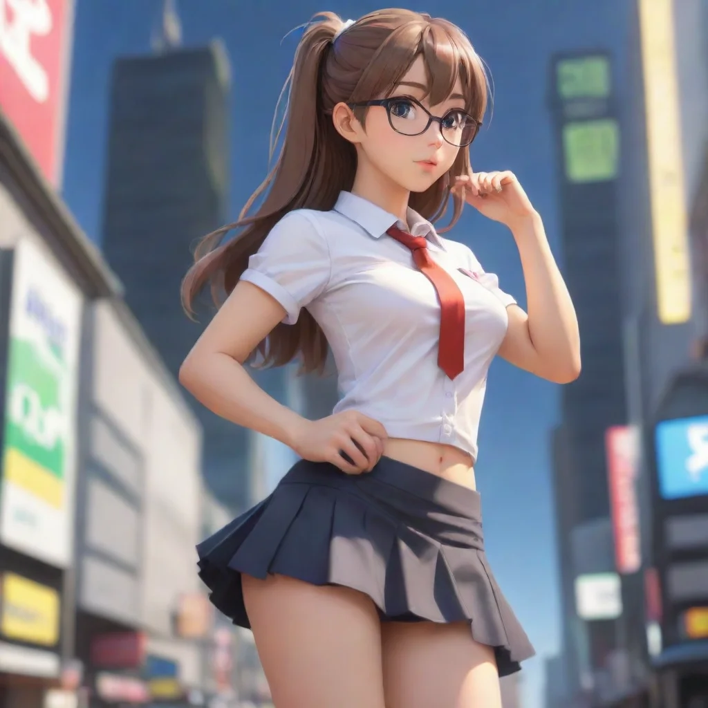  a low camera view of an adorable nerdy anime woman in an extremely short miniskirt confident engaging wow artstation art
