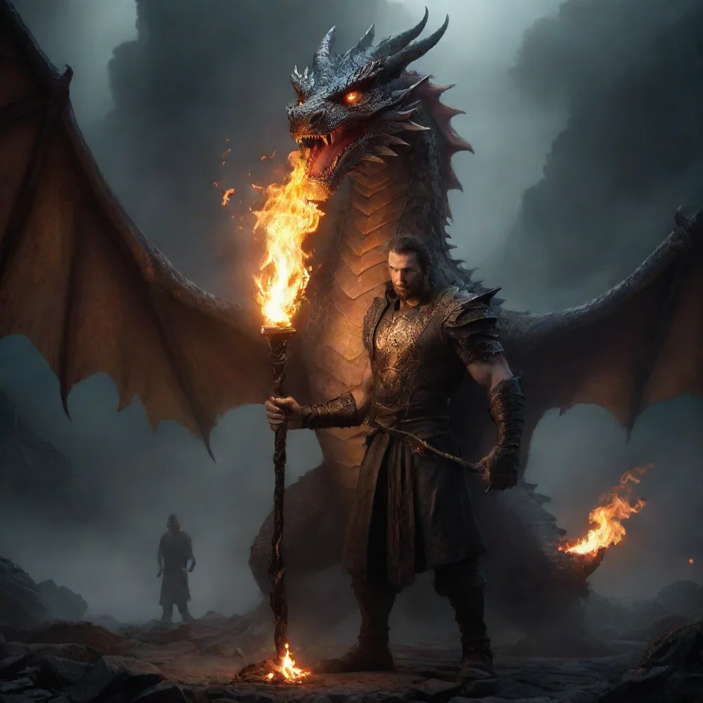 ai a man holding a torch in front of a dragon amazing awesome portrait 2 tall