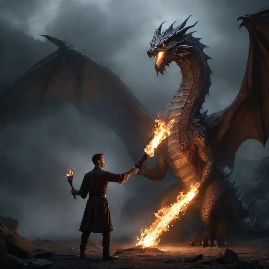 ai a man holding a torch in front of a dragon good looking trending fantastic 1 tall