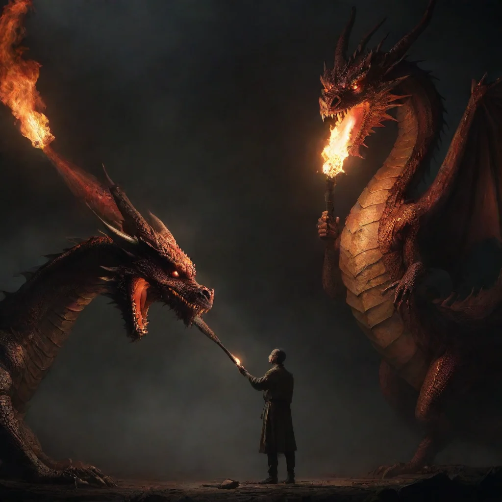  a man holding a torch in front of a dragon tall