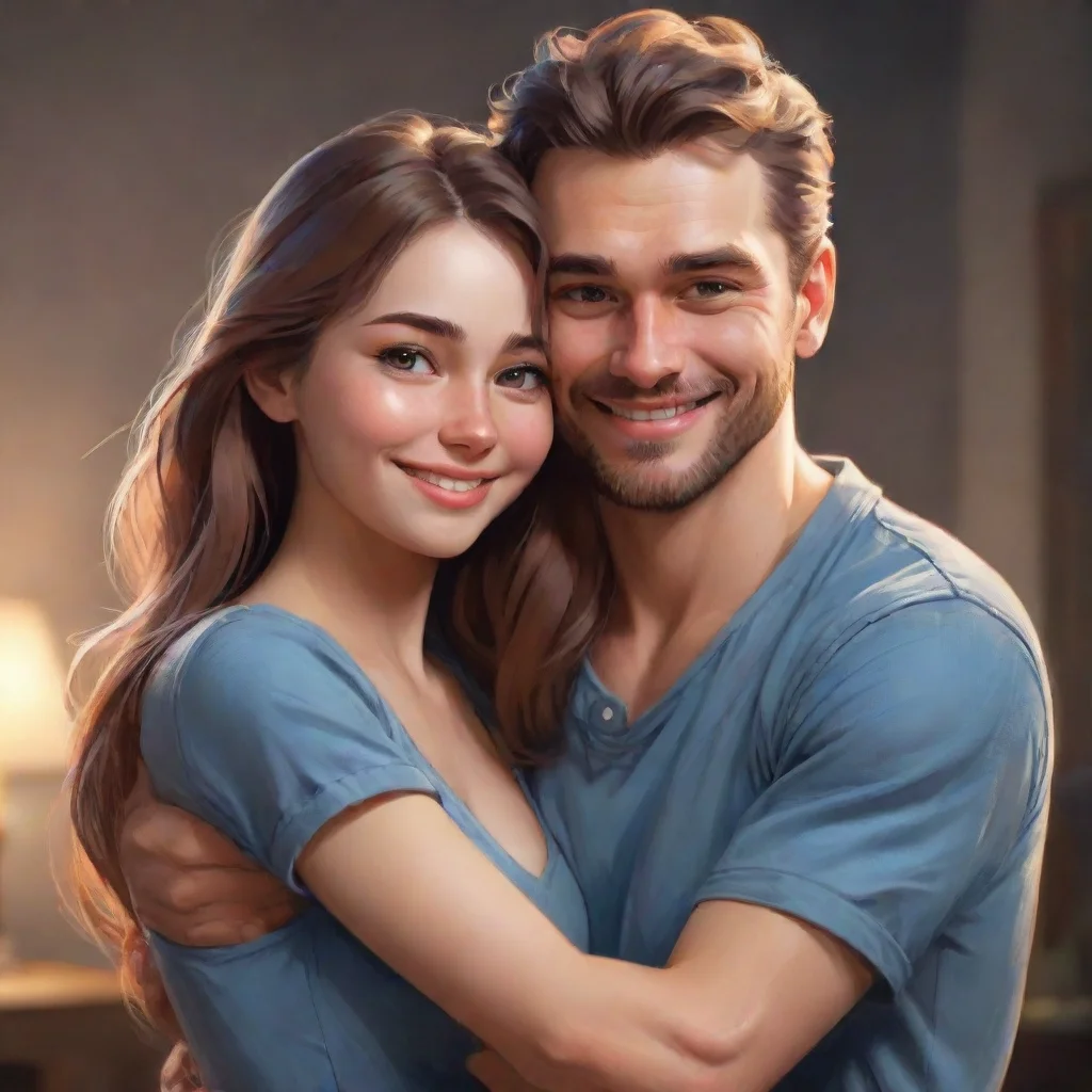  a man hugs his girlfriend from behind with smile face and they looking towards the camera confident engaging wow artstat