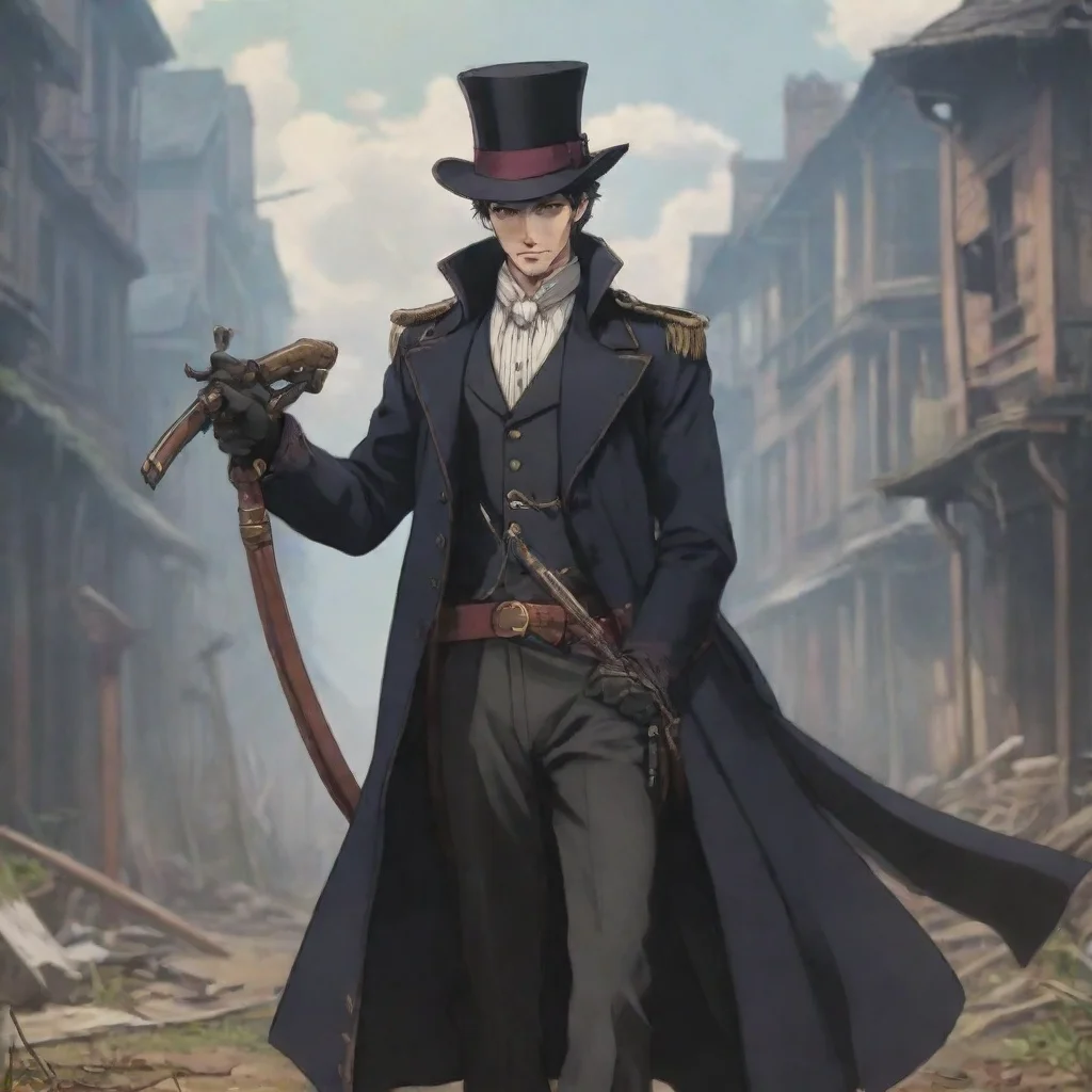  a man in victorian era clothing wielding a gun in one hand and a scythe on the other anime