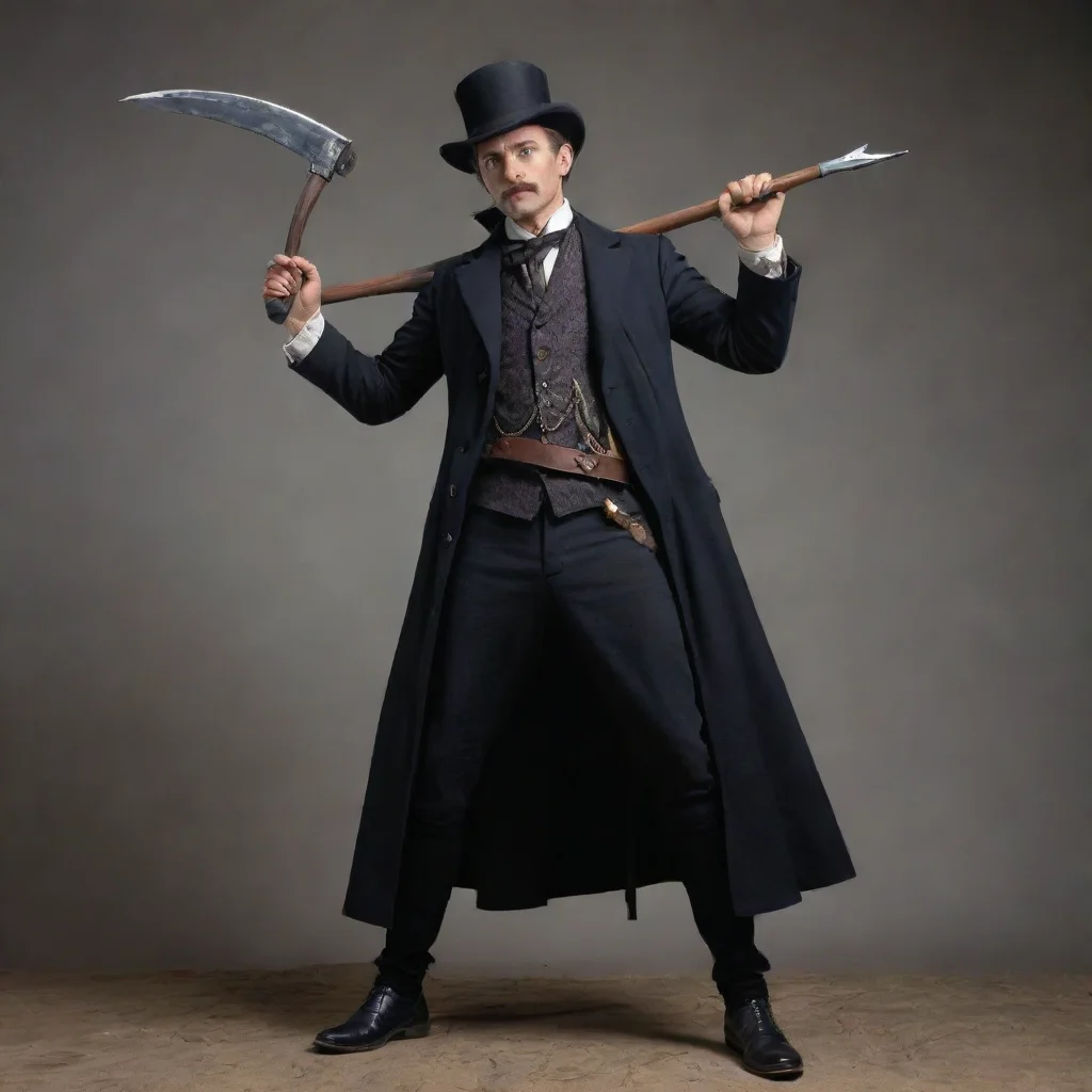  a man in victorian era clothing wielding a gun in one hand and a scythe on the other