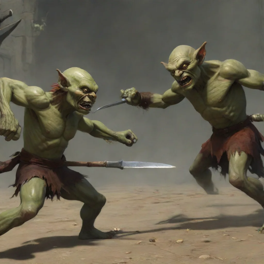 a man slashing towards the a goblin