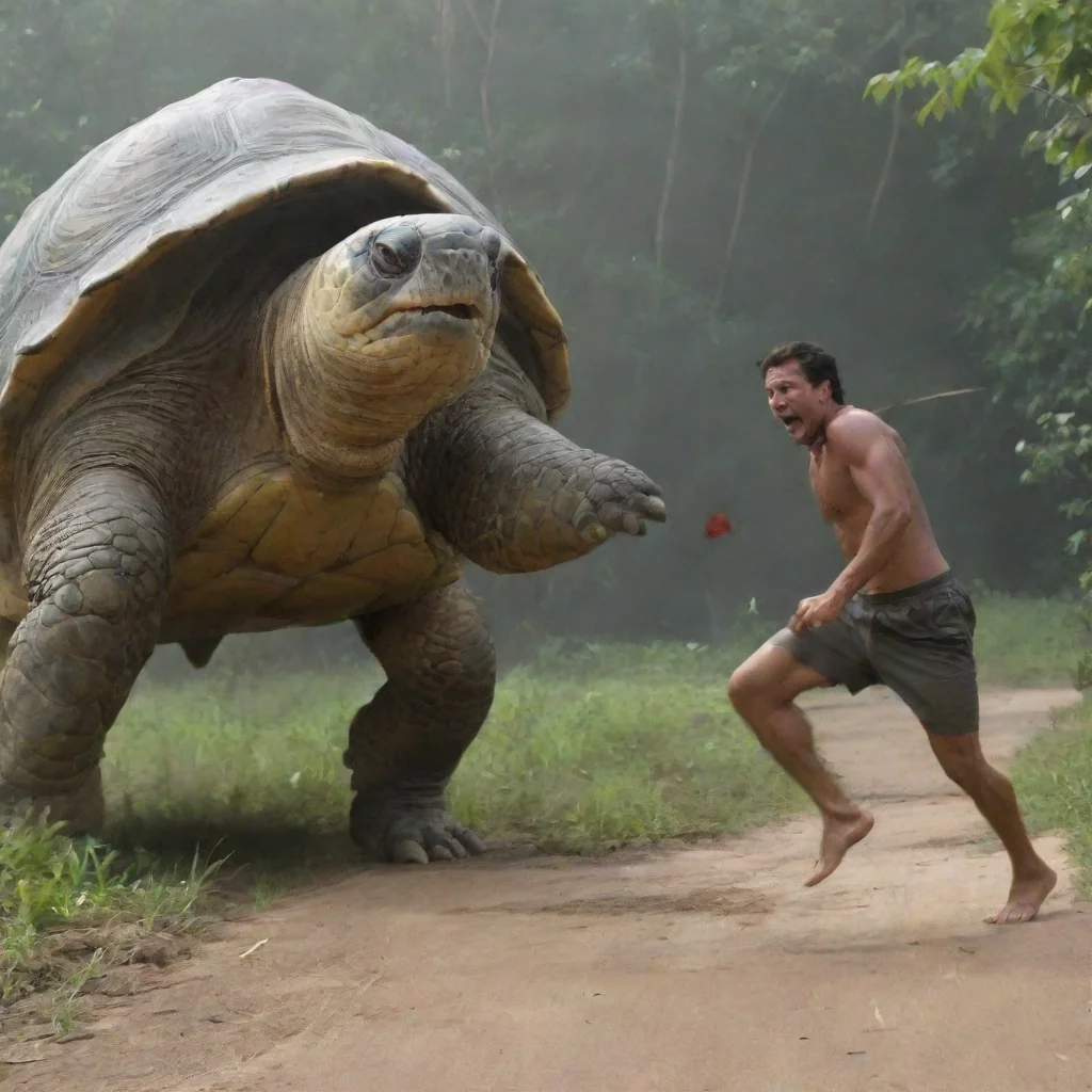 a man with a spear running away while screaming from a giant turtletrending on 