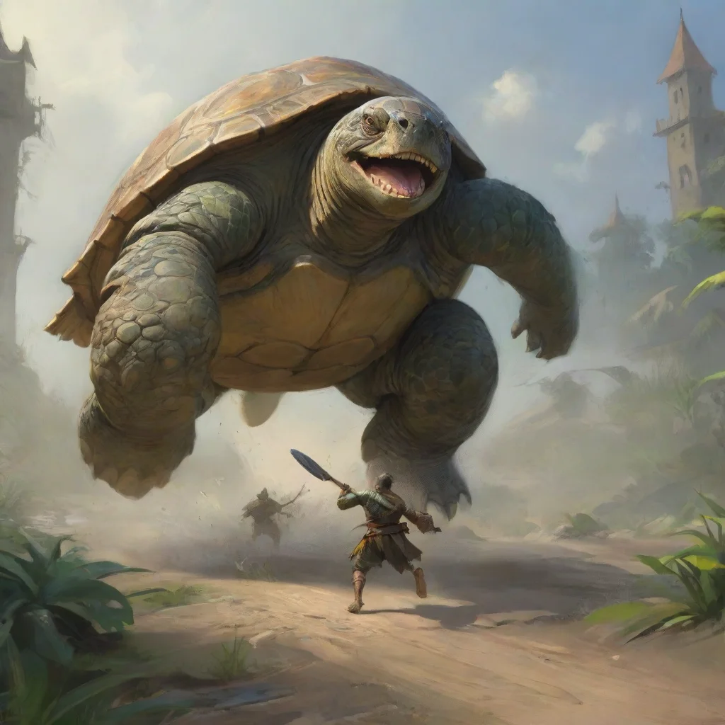 a man with a spear running away while screaming from a giant turtletrending onconfident engaging wow artstation art 3