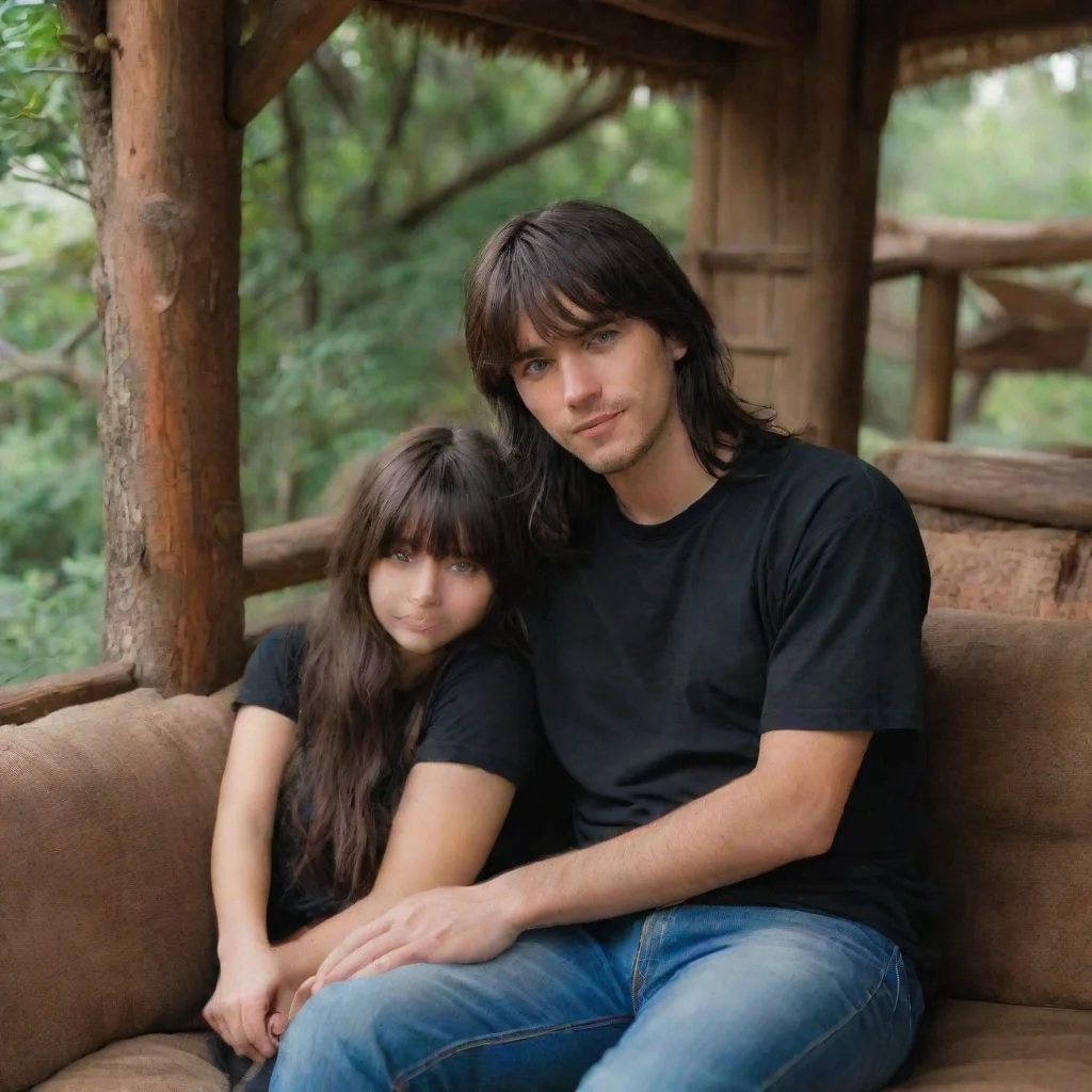  a man with black and long hairthe man is wearing a black shirt and a girl with bangs and layered hair is sitting on the 