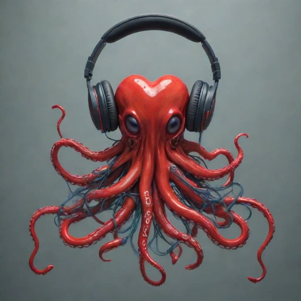 ai a mangled heart that bleeds slightly but has octopus tentacles that are headphone jacksthis wearing headphones or earpho