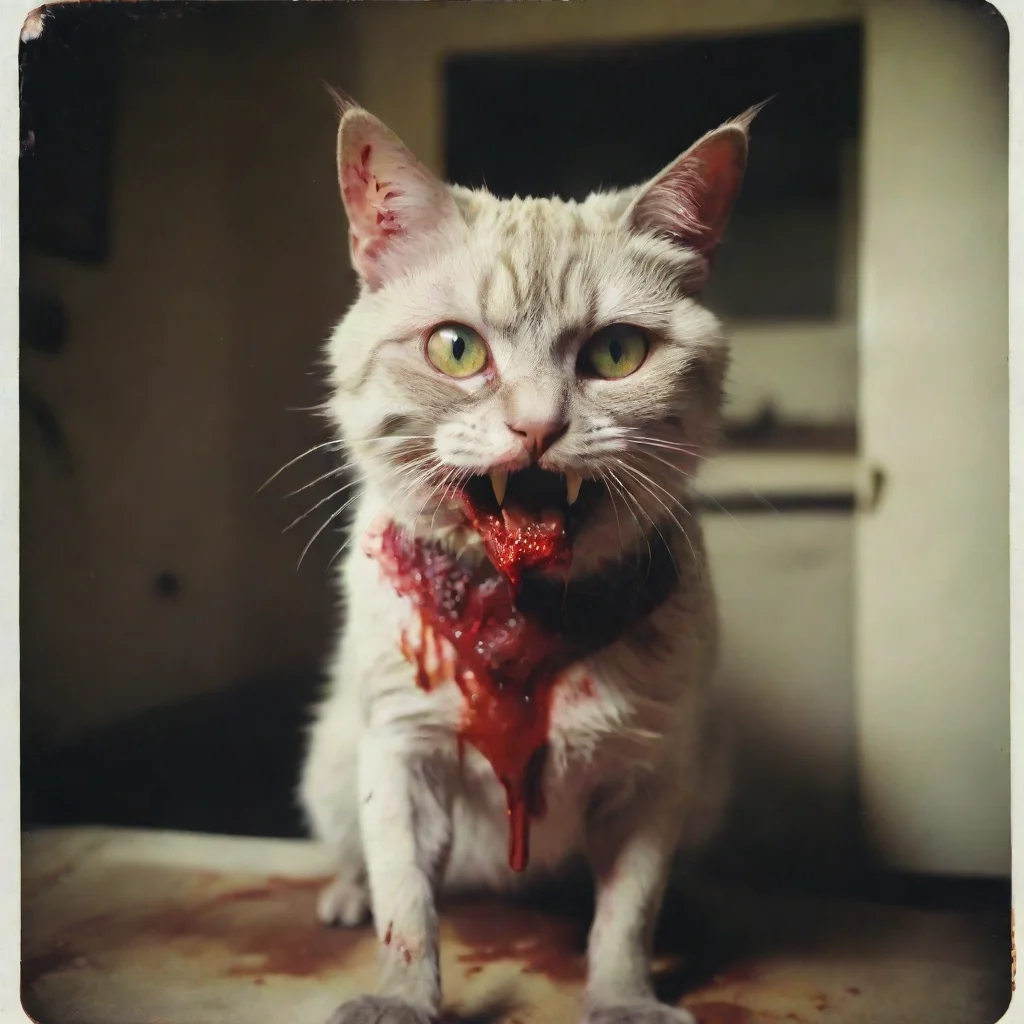  a mean bloody cypress zombie cat in an old kitchen zomby teeth zombie eyes with lots of blood uncanny horrorpolaroid ama