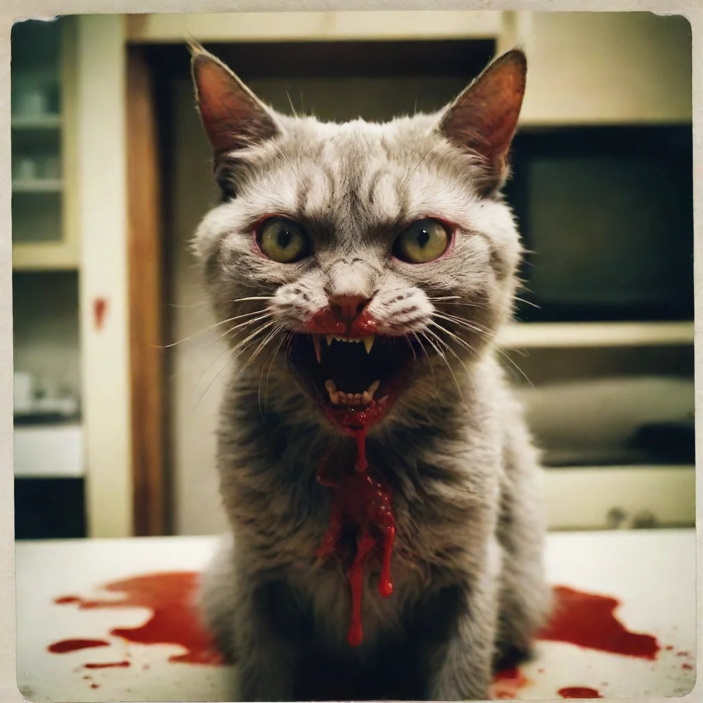 a mean bloody cypress zombie cat in an old kitchen zomby teeth zombie eyes with lots of blood uncanny horrorpolaroid goo