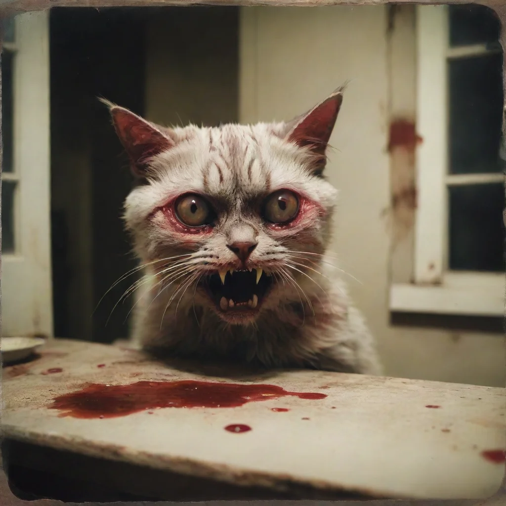  a mean bloody cypress zombie cat in an old kitchen zomby teeth zombie eyes with lots of blood uncanny horrorpolaroid