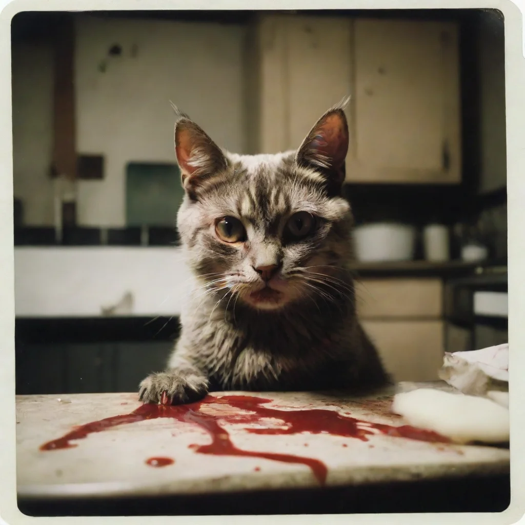 ai a mean cyper zombie cat in an old kitchen with lots of blood uncanny polaroid amazing awesome portrait 2