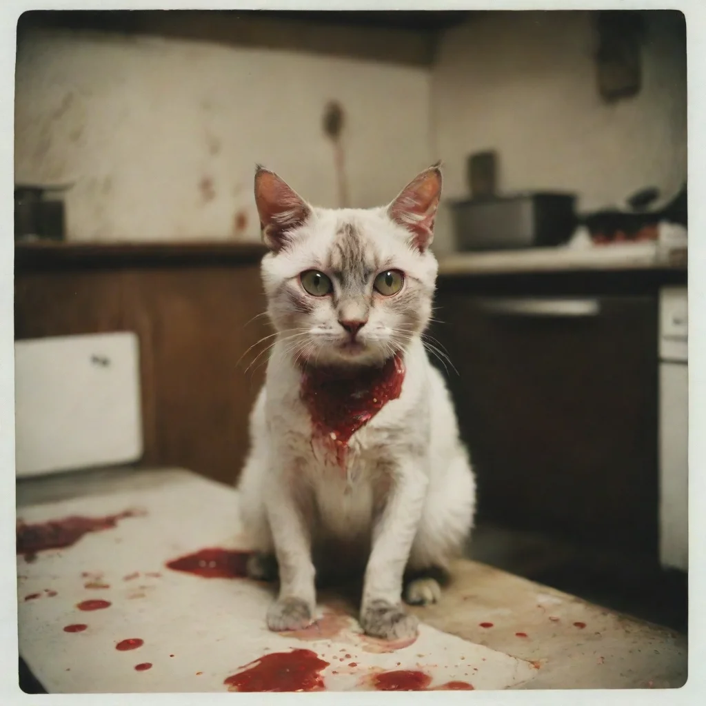 ai a mean cyper zombie cat in an old kitchen with lots of blood uncanny polaroid
