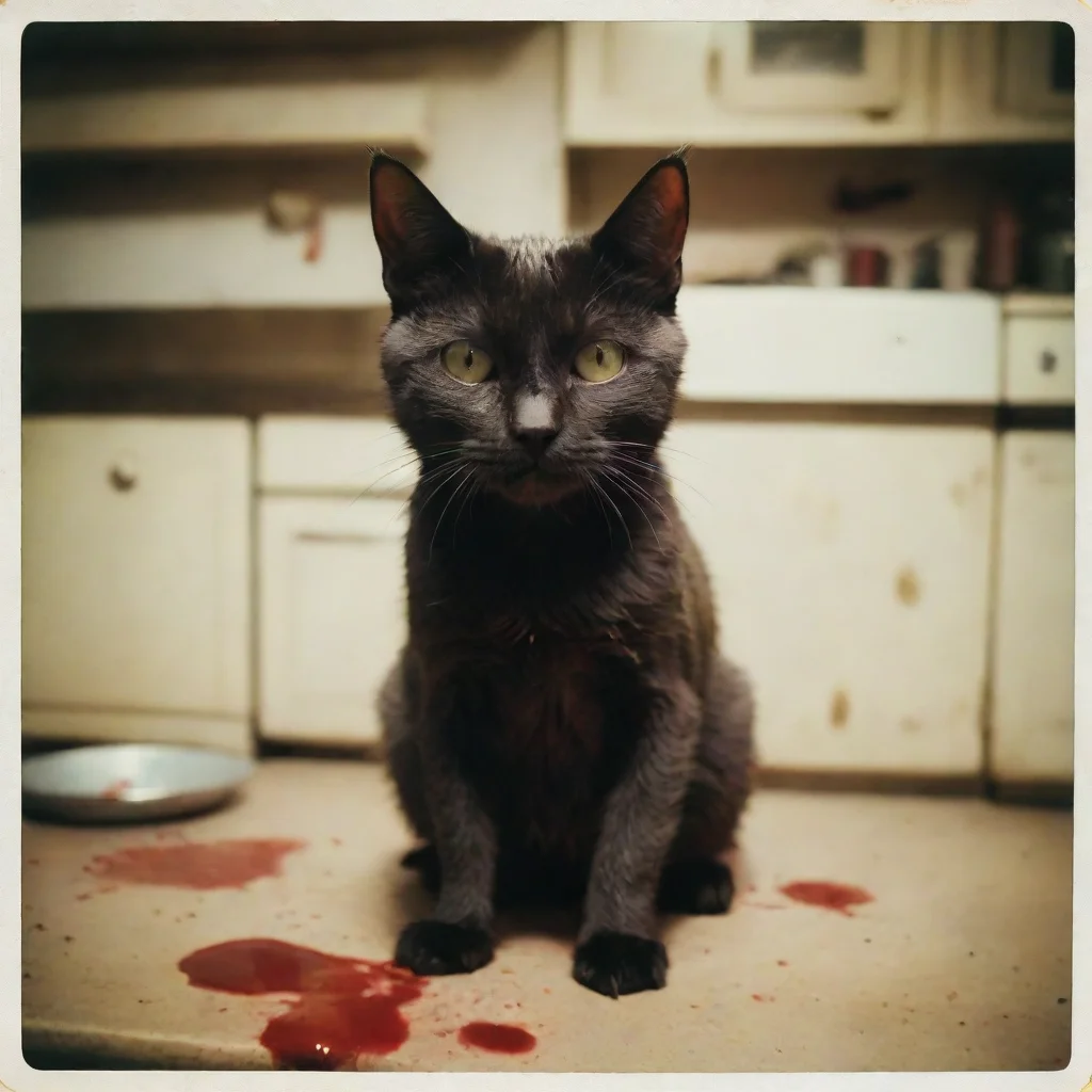 a mean cypress zombie cat in an old kitchen with lots of blood uncanny polaroid good looking trending fantastic 1