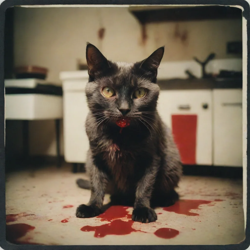 a mean cypress zombie cat in an old kitchen with lots of blood uncanny polaroid