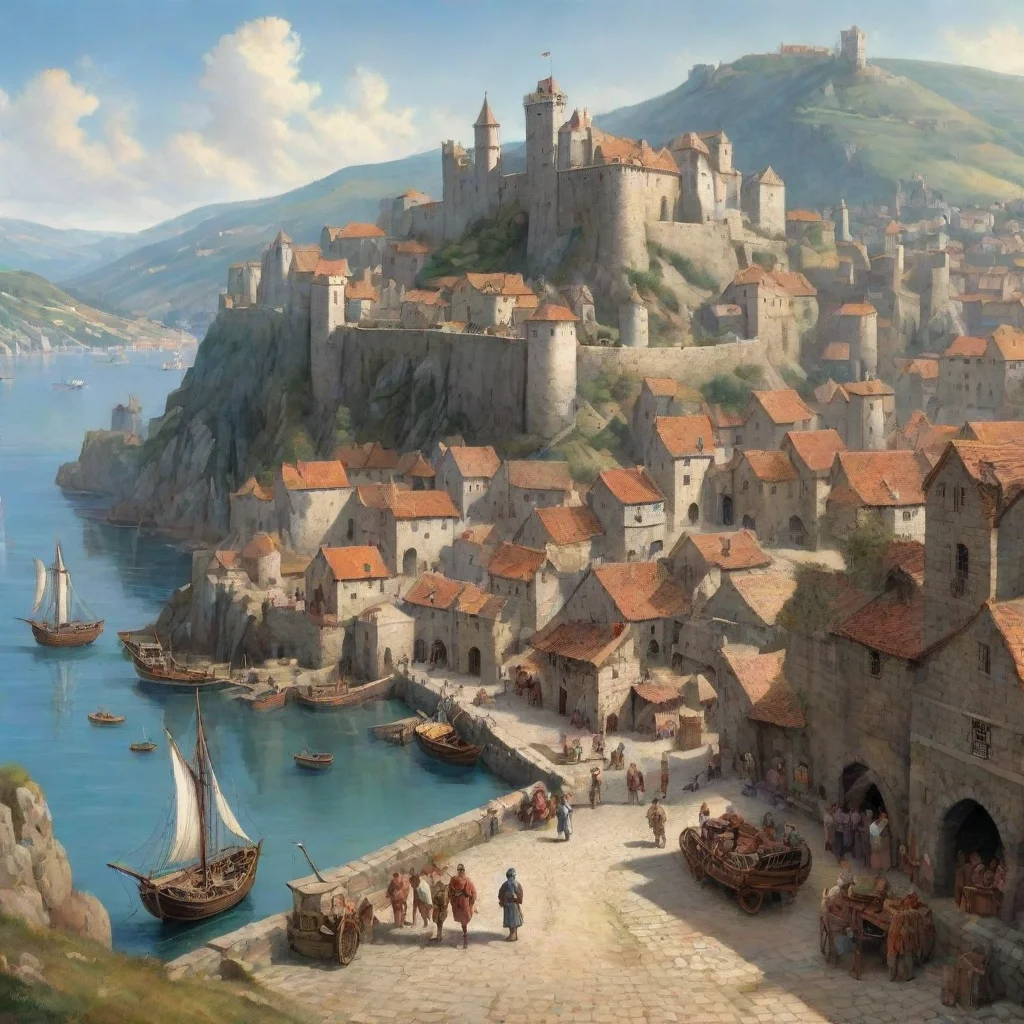  a medieval port city with high stone walls and many sailing ships are dockedunloading cargomany people from different cu