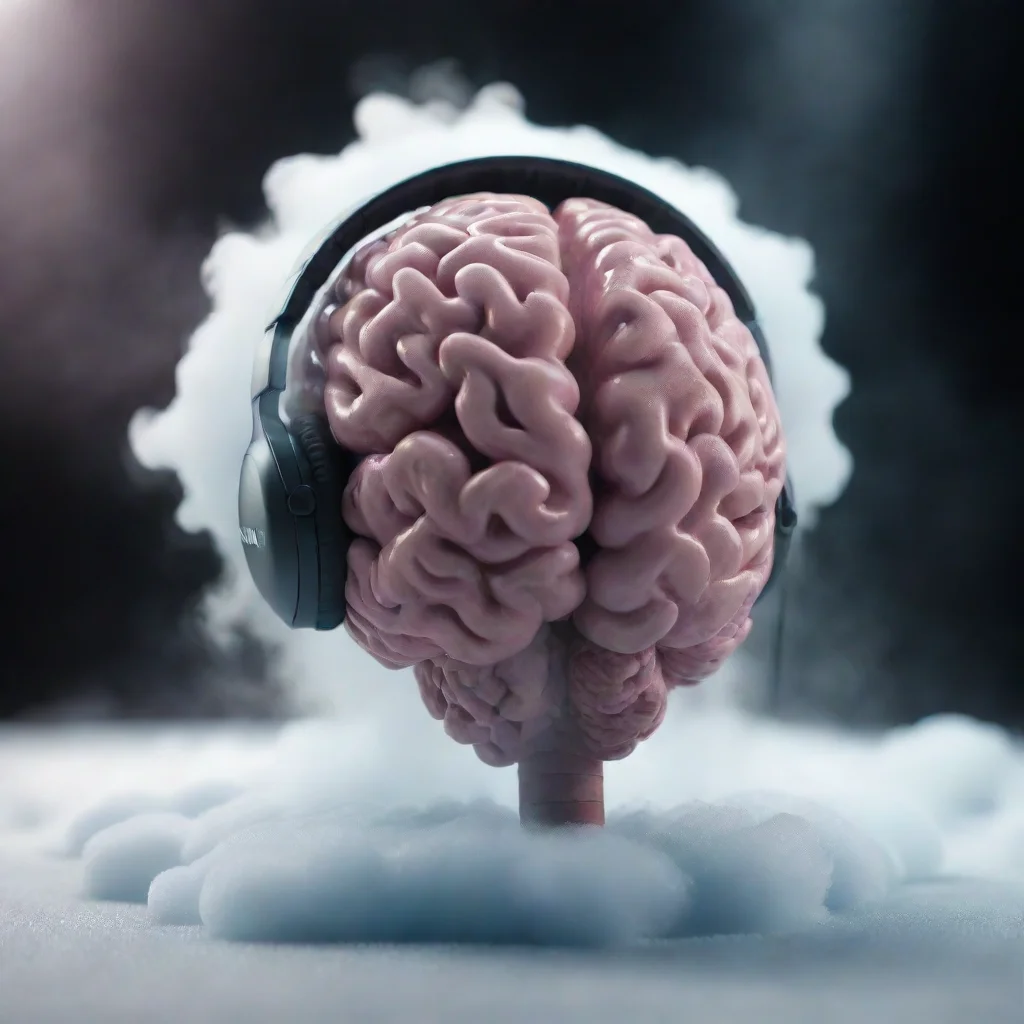ai a melting brain with david clark microphone headset on top dry ice clouds and cinematic lighting octane render 8k wide