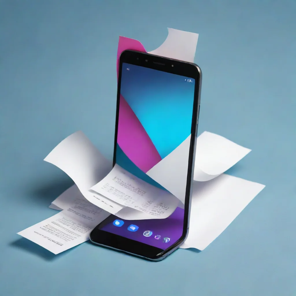ai a mobile phone with screen shown with several pieces of paper seeming to curve into it confident engaging wow artstation