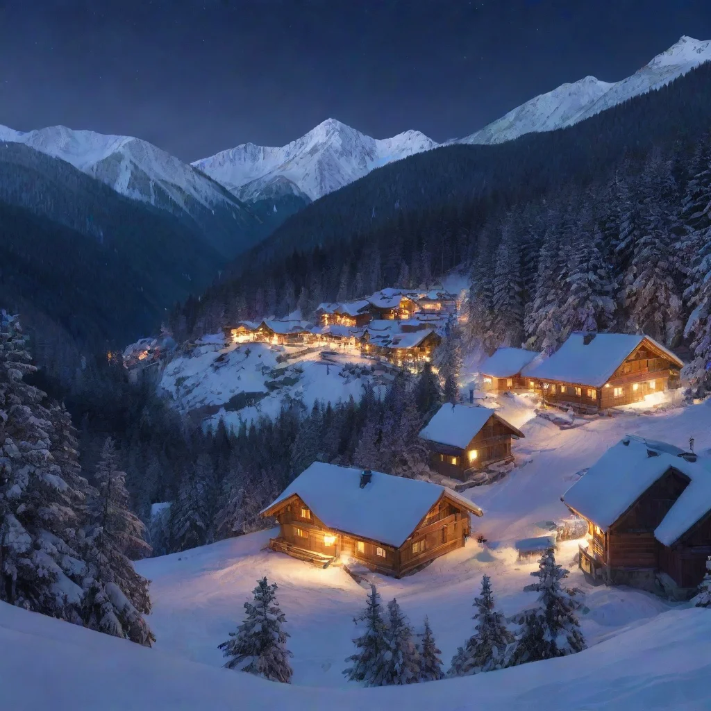 ai a mountain village with snow and pine trees in the night