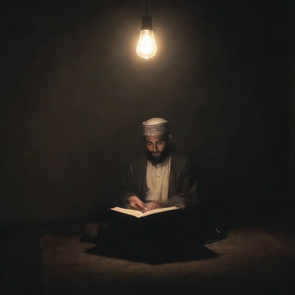 ai a muslim man reading a book in a dark room with lamp lightwide