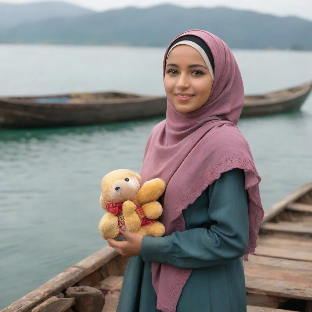  a muslim woman wearing hijab holding a toystanding on an old boat