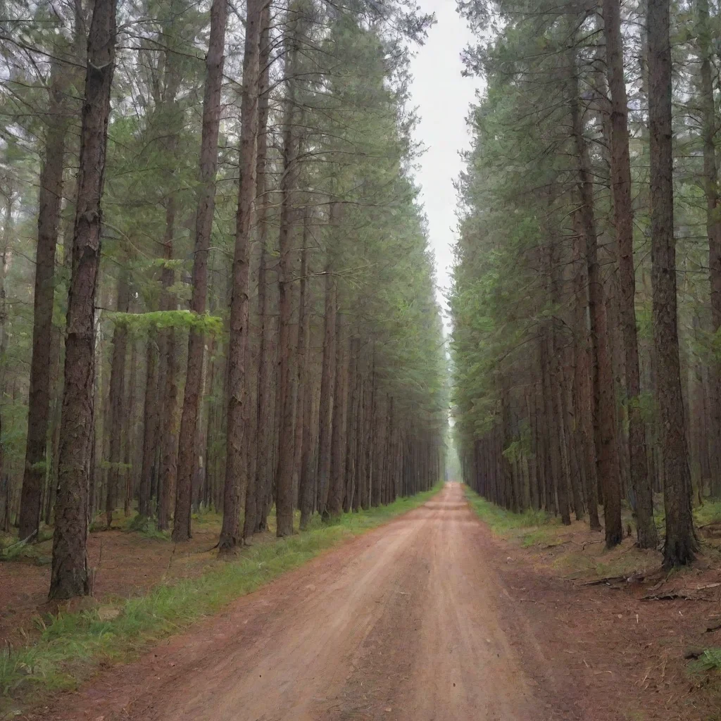 ai a narrow dirt road going through a forest of pine trees