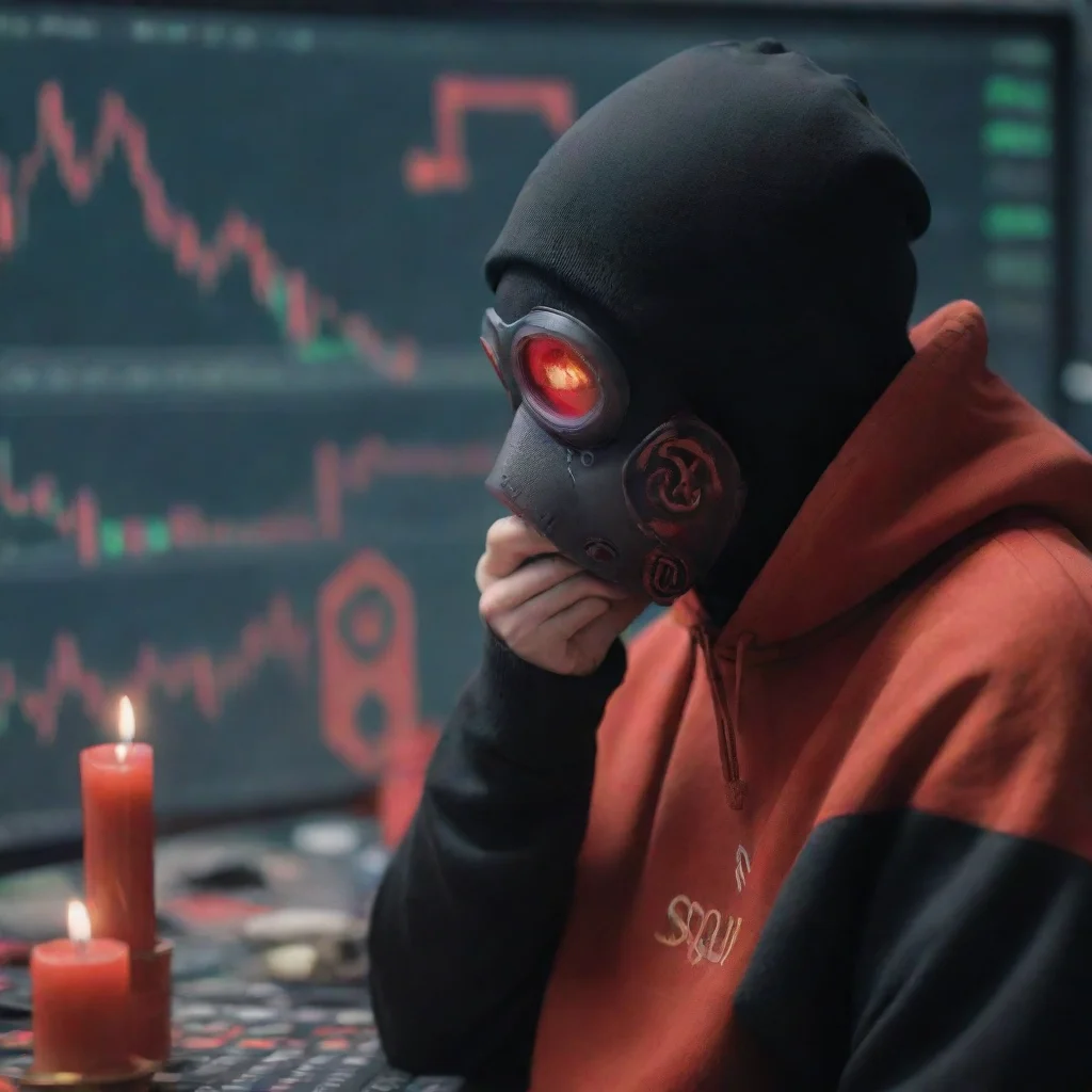  a nervous squid game player with thesquidgame logo on their face maskwatching a red candlestick on a crypto chart amazin