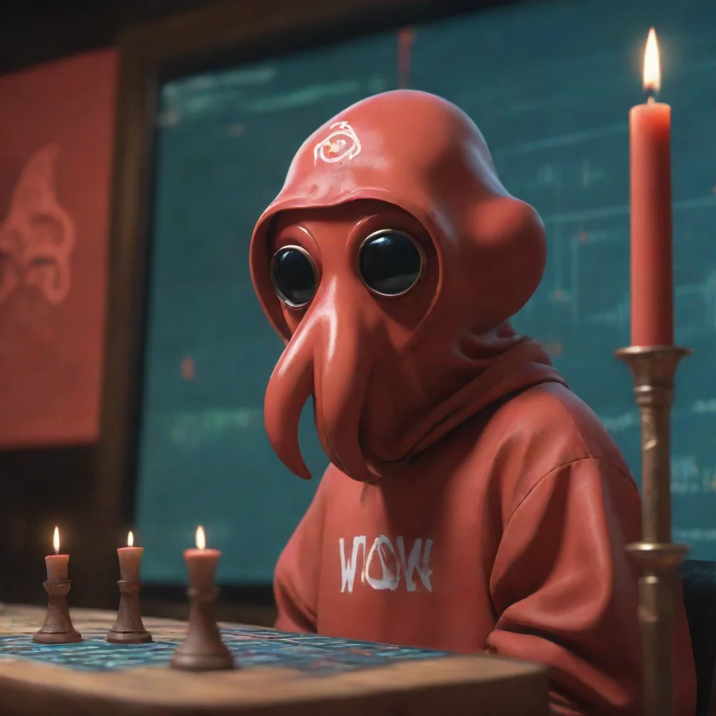ai a nervous squid game player with thesquidgame logo on their face maskwatching a red candlestick on a crypto chart confid