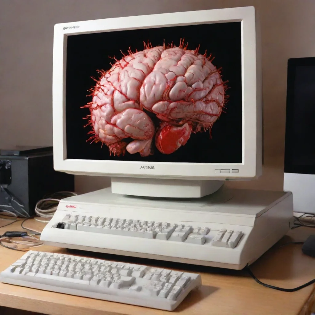 a new amiga 1000 computer with a bloody brain on top of the monitor amazing awesome portrait 2