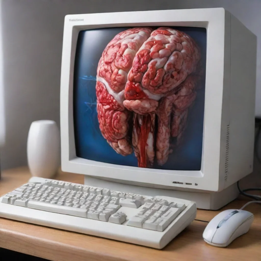 a new amiga 1000 computer with a bloody brain on top of the monitor good looking trending fantastic 1